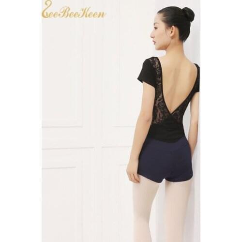 Adult Leotard Short Sleeve Backless Ballet Leotard Black Mesh Lace Flora Gymnastics Leotard Ballerina Dance Clothes Women