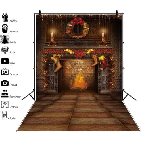 Laeacco Christmas Backdrops Fireplace Stockings Wreath Trees Vintage House Photography Backgrounds For Family Photocall Props