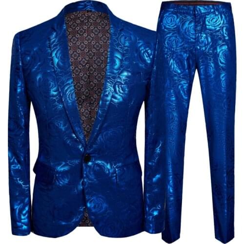 Sapphire Blue Rose Floral Gilding One Button Suit ( Jacket+Pants) Men 2020 Stage Party Weeding Tuxedo Blazer Men Slim Fit Suits