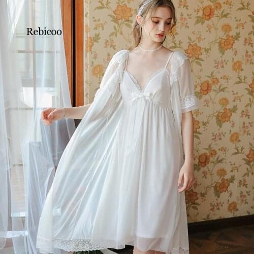 Womens Palace Cotton White Nightgowns Female Princess Vintage Soft Noble Home Sleeping Dress Two-pieces Suit With Chest Pad