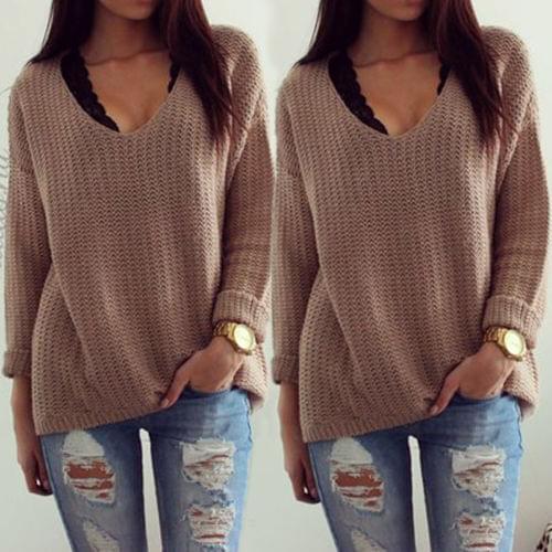Autumn Womens Cute Elegant V Neck Loose Casual Knit Sweater Pullover Long Sleeve Spring Sweater Tops sueter mujer