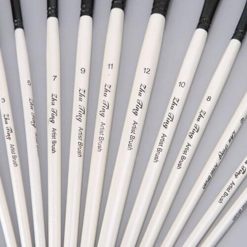 P82A 12Pcs Artist Paint Brush Set Nylon Bristles Watercolor Acrylic Oil Painting Slant Flat Round Pointed Pen Tip Wood Handle