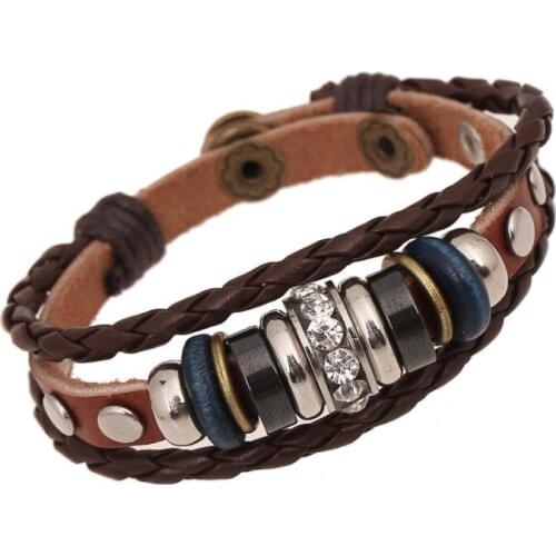 Punk Rock Men Leather Beads Wristband Bracelet Cuff Handmade Braided Charm Multilayer Buckle Bangle Hippie Fashion Jewelry Gift