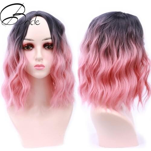 BRIDE Short Water Wave Wigs Ombre Silver Wig Synthetic Natural Purple Pink Wig Cosplay Party For Women With Cap Extension Hair