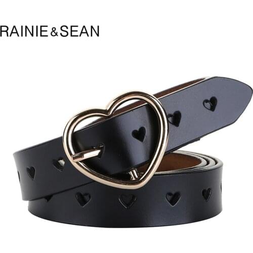 RAINIE SEAN Black Genuine Leather Women Belt Hollow Out Loving Heart Buckle Waist Belts Women Vintage Designer Brand Ladies Belt