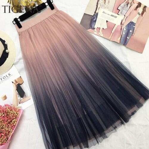 TIGENA Beautiful Gradient Color Long Tulle Skirts Women Korean A-line High Waist Pleated Maxi Skirt Female School Skirt Girls