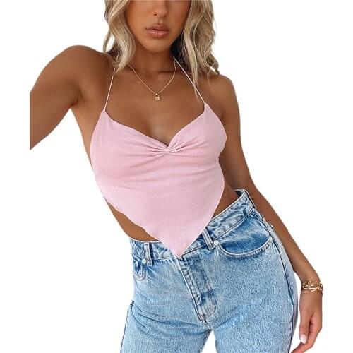 Women Fashion Backless Ruched Tops Stylish Sleeveless Solid Color Rib Camis Tops for Ladies Female White/Pink/Yellow/Blue