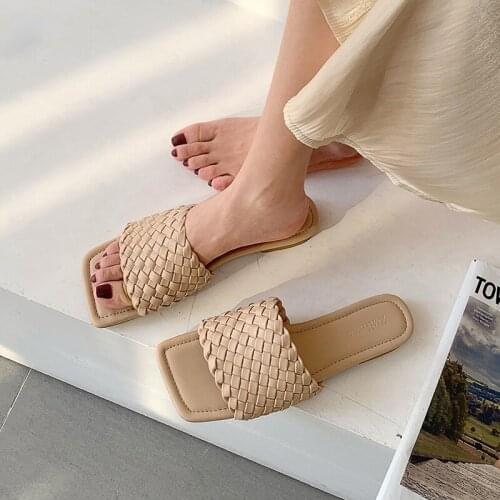 LAASIMI Summet New Flat With Solid Slippers Ladies Weave Shallow Shoes Woman Square Toe Slides Female Mothers' Casual Shoes