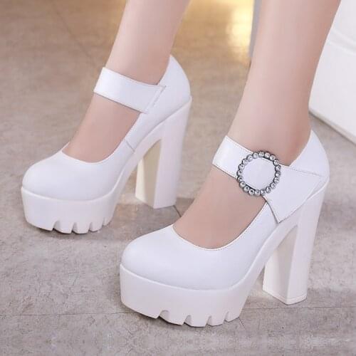 Block Heels Shoes Women Pumps 2020 Spring Autumn High Heels Mary Jane Shoes White Red Wedding Shoes Ladies Big Size 41 42 43