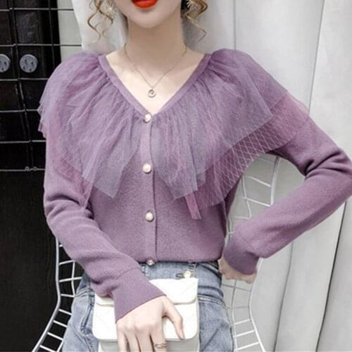 Cardigan Sweater Womens 2020New Autumn Winter Korean Fashion Solid Color Retro All-Match Lace Stitching Knitting Sweaters Female