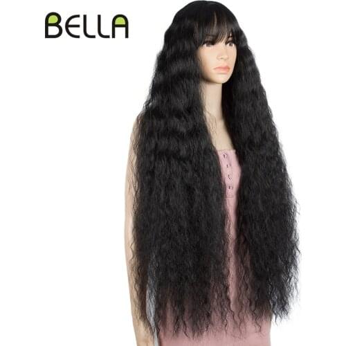 BELLA Lace Front Wig 36 inch Long Curly Hair Wig With Bangs Ombre Blonde Blue Color Cosplay Synthetic Lace Front Wig For Women