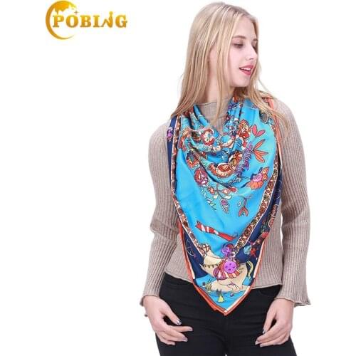 POBING 130CM*130CM Silk Scarf Women Large Shawls Stoles Life Tree Print Square Scarves&Wraps Echarpes Foulards Femme Bandanas