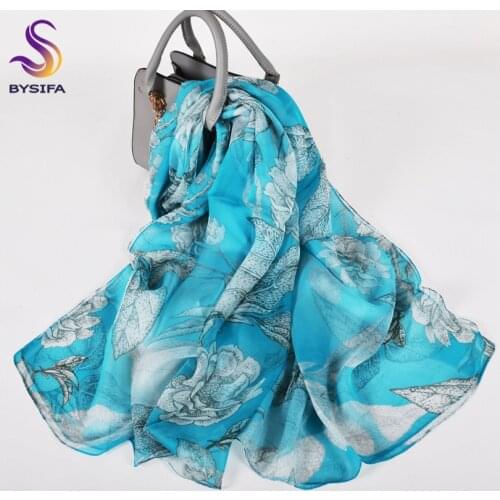 [BYSIFA] 100% Silk Chiffon Long Scarves Women Colour Autumn Winter Silk Scarf Fashion Elegant Ladies Blue Red Neck Head Scarf