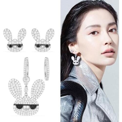 S925 sterling silver cute rabbit finger ring animal zirconium stone women girl anime brand bracelet earring diamond jewelry set