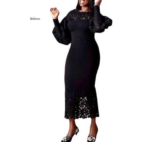 Ladies Dress High-End Plus Size Sexy Club Black Sweet Full Lantern Sleeve High Waist Women Thin Maxi Dress