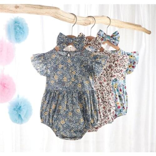 2pcs/set Baby Girls Floral Bodysuits Infant Cotton jumpsuit + Bow Headband Summer Fashion Newborn Summer Clothes 2021