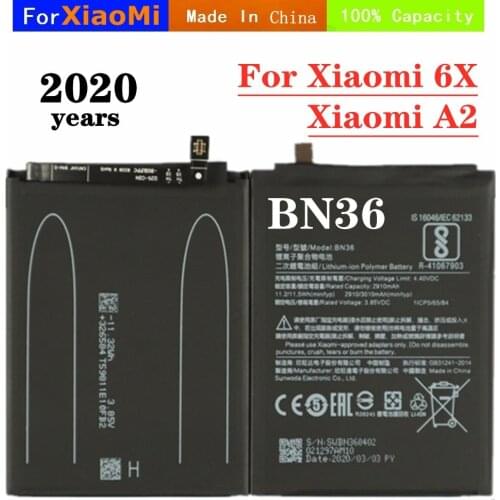 2020 Years Mi6X MiA2 Phone Battery For Xiaomi Mi 6X A2 High Quality Replacement Battery BN36 2910mAh Batteries