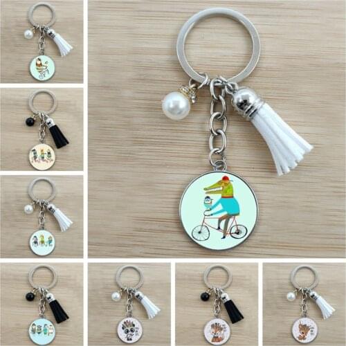 New 25mm handmade cartoon zebra giraffe tiger bicycle keychain lion bear owl fox feather boy girl child holiday gift