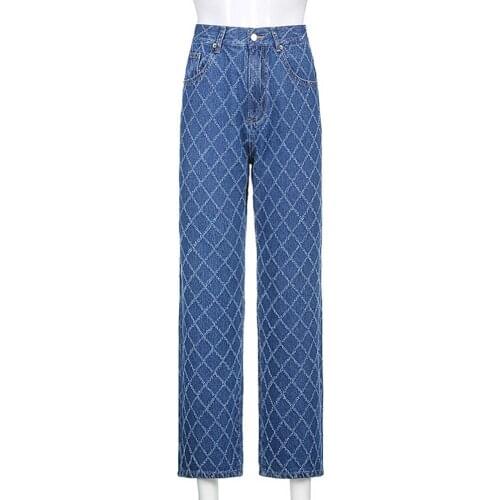 Jeans Flared Leggings Pants High Waist Loose Pants Women Rhombus Long Straight Trousers for Work Stitching Jeans Fashion Clothes