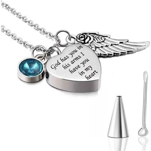 God has You in his arms with Angel Wing Charm Cremation Ashes Jewelry Keepsake Memorial Urn Necklace with Birthstone Crystal
