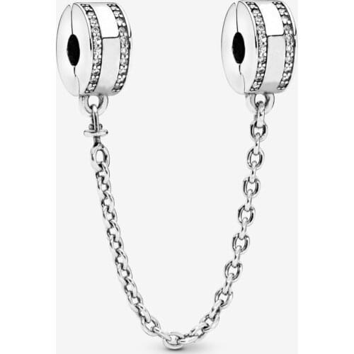 Insignia Safety Chain Charms Original 925 Sterling Silver Clear CZ Beads Fits Pandora Bracelets DIY Jewelry Making Bijoux