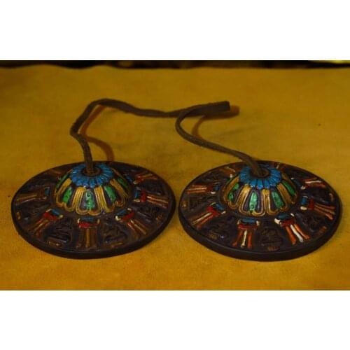 4"Tibet Temple Collection Old Bronze Tracing Eight Treasures Pattern Touch the bell Bells Buddhist rituals Town House Exorcism