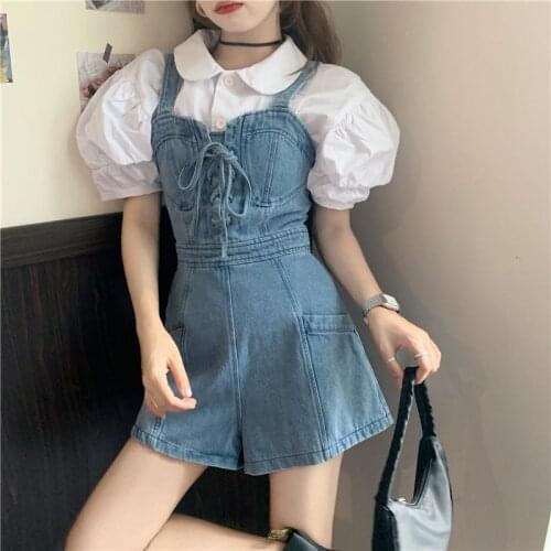 Sweet Women New Short Denim Jumpsuit Romper Women Spring Summer Overalls Female Casual All-Match Short Playsuit Korean Japanese