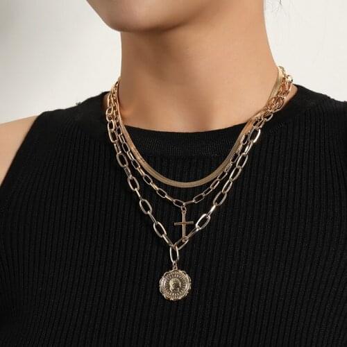 Punk Exaggerated Multilayer Thick Chain Coin Cross Pendant Necklaces Women Vintage Geometric Sweater Chains Necklace Jewelry