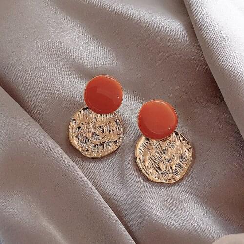 MINAR Retro Orange Round Pleated Metal Earrings Vintage Gold Color Geometric Drop Dangle Earrings Statement Jewelry Gift