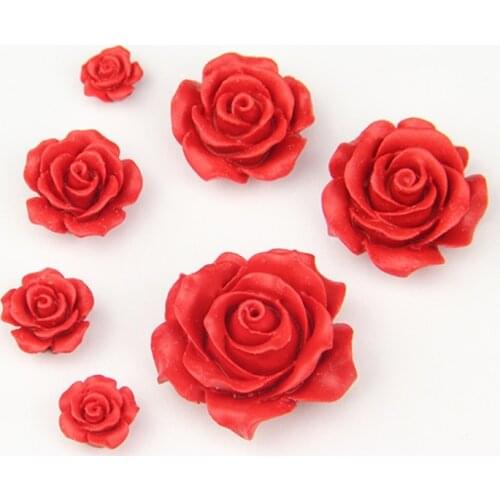 2PCs Doreen Box Rose Flower Resin Beads Cabochon Cameos Vintage Chinese Red Handmade Loose Beads For DIY Jewelry Making Findings