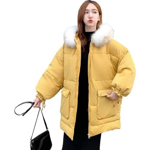 New cotton padded jacket women parka mid length loose 2020 winter solid long sleeve zipper fur collar thick straight hooded W30