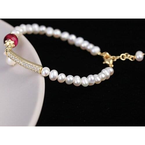 New Fashion Crystal Red Stone Beads Freshwater Pearl Bracelet For Women Jewelry Rhinestone Bracelets Bangles Elegant Party Gifts