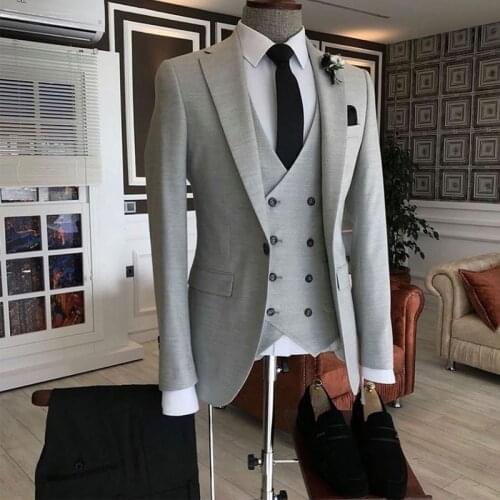 Hot Sale Three Pieces Wedding Suits One Button Double Jacket Slim Fit Mens Tuxedos Custom Made Prom Suit Set