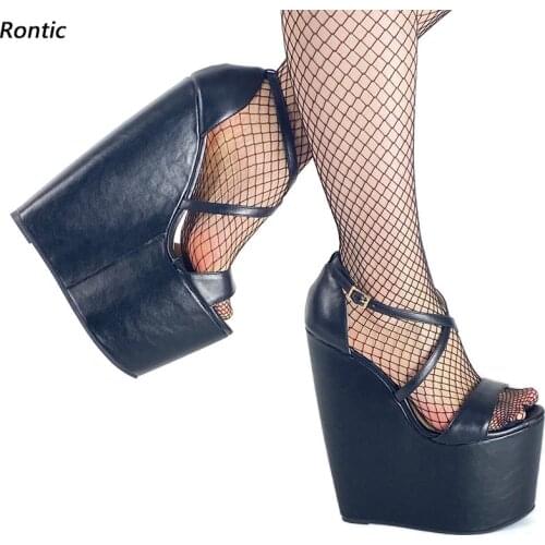 Rontic Women Summer Sandals Strappy Sexy Wedges High Heels Open Toe Gorgeous Black White Beige Green Cosplay Shoes US Size 5-13