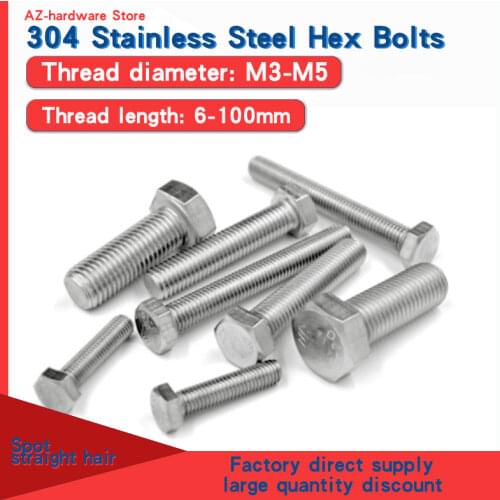 304 stainless steel external hexagon screw extended full thread external hexagon bolt / screw DIN933 m3-m8 50PCS