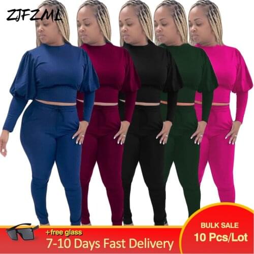 Bulk Items Wholesale Lots Active Wear 2 Piece Sport Suit for Women Puff Sleeve Slim Fit Crop Top+fitness Elastic Pant Co Ord Set