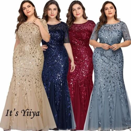 Mermaid Evening Gown Its Yiiya C545 Sparkle Sequined Tulle Robe De Soiree Long O-Neck Plus Size Short Sleeves Evening Dresses