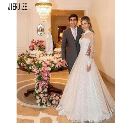 JIERUIZE Vintage A Line Wedding Dresses High Neck Long Sleeves Appliques Button Back Sheer Bridal Wedding Gowns Robe De Mariee