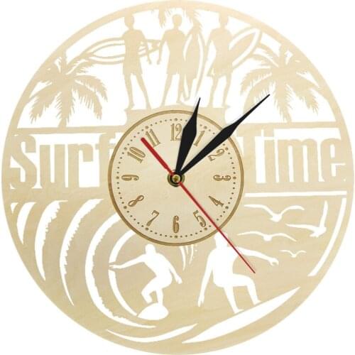 Vintage 30cm Surfing Time Wooden Wall Clock Watch Summer Palm Wave Silent Watch relojes de pared Avid Sport Surfer Birthday Gift