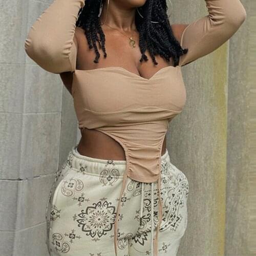 Khaki Women Slash Neck Backless Irregular T-shirt Off-shoulder Full Sleeve Skinny Knitting Rib Sexy Y2K Autumn Ladies Tees 2021