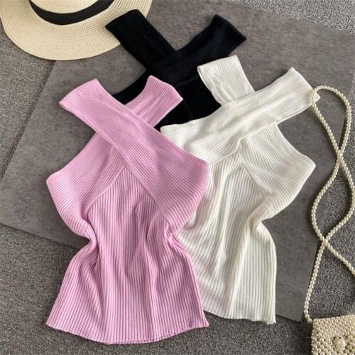 Sexy Halter Tops T Shirt Knitwear 2021 Summer Slim Fit Sleeveless T-Shirt Women Black White Knitted Tee Shirt Femme
