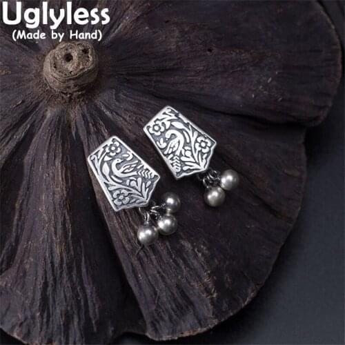 Uglyless Ethnic Totem Patterns Phoenix Earrings for Women Thai Silver Vintage Medals Earrings 925 Silver Balls Tassels Brincos