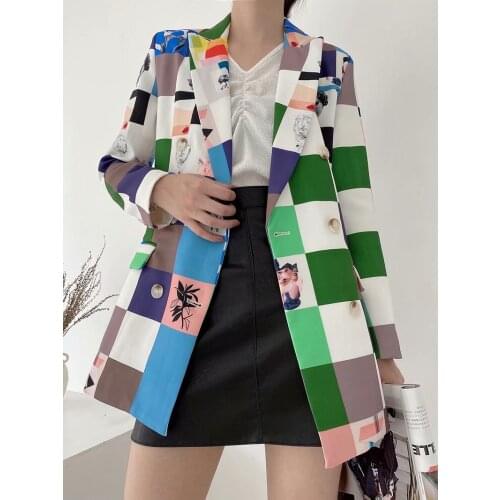 Women Small Suit Autumn Cartoon Printed Suit Office Lady Double Breasted Coat Womens Blazers Nice Quality Tops