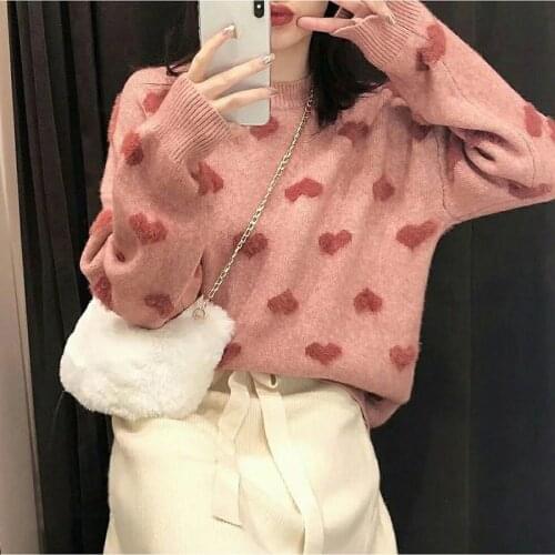 Women Heart Sweater Pink O-Neck Long Sleeve Warm Imitation Water Velet Kawaii Sweater Loose Pullover Korean Style Jersey Mujer
