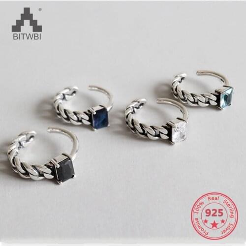 Real 925 Sterling Silver Vintage Square Agate Chain Open Ring for Women Adjustable Fine Jewelry Punk Luxury Rings