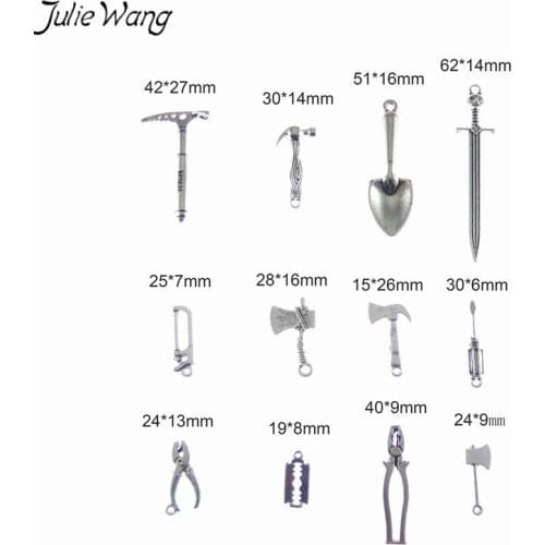 Julie Wang 12PCS Tool Charms Mixed Ax Shovel Pliers Hammer Screwdriver Sword Pendant Keychain Jewelry Making Accessory