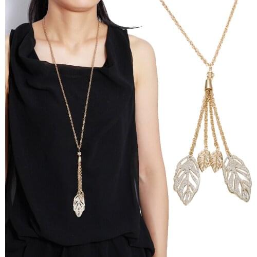 2020 Fashion Jewelry Gold Color Long Chain Sweater Necklace Alloy Tassel Leaf Plants Pendant Necklaces For Women Girl Best Gift