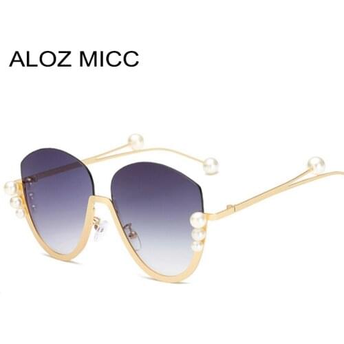 ALOZ MICC Fashion Semi-Rimless Sunglasses Women Luxury Big Pearl Sun Glasses Female Metal Frame Eyewear UV400 Q647