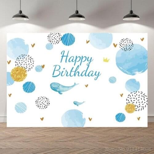 White Blue Happy Birthday Photography Backgrounds A Little Whale Newborn Baby Shower Photo Backdrops Poster Cover