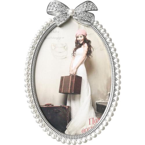 Oval Ribbon Silver Plating Pearls Metal Photo Frame European Home Tabletop Decor Jeweled 3x3, 4x6, 5x7 Zinc Alloy Picture Frame